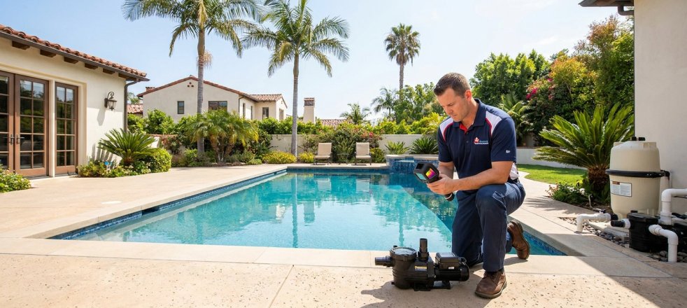 Pool technician using a thermal camera to inspect a backyard swimming pool leak