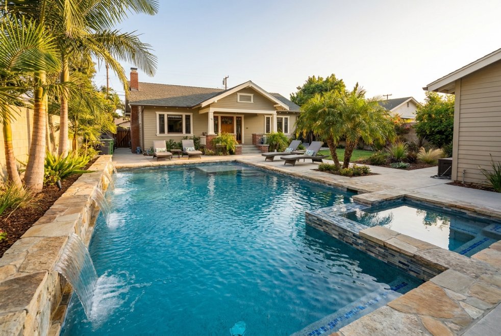 Modern backyard swimming pool and spa with stone waterfall features at a suburban home