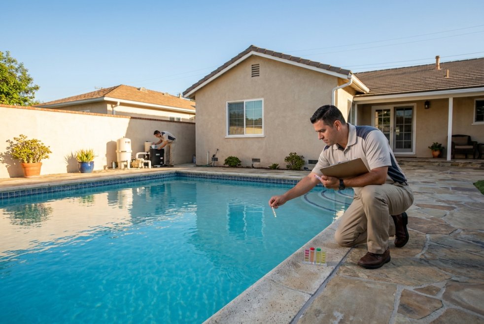 Pool inspector testing water beside a backyard swimming pool at a home in Inglewood, CA