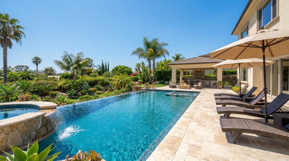 Luxurious backyard swimming pool with spa, lounge chairs, and tropical landscaping beside a home